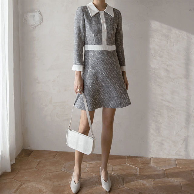 (OP-5365) Color block tweed one-piece