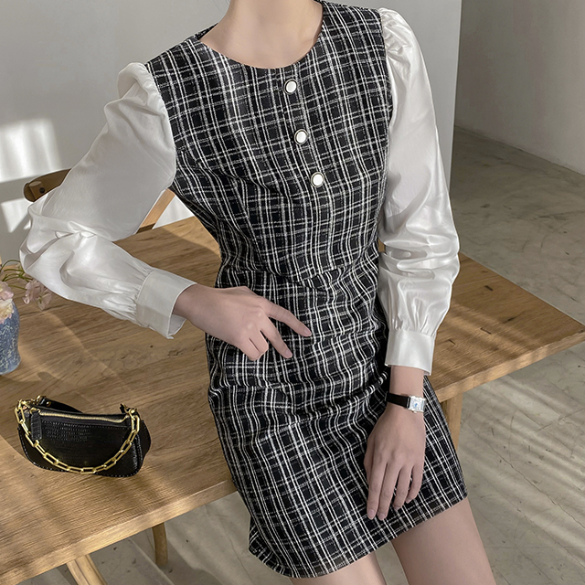 (OP-5354) Color block tweed mini one piece