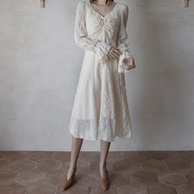 (OP-5539) Dot shirring chiffon one-piece