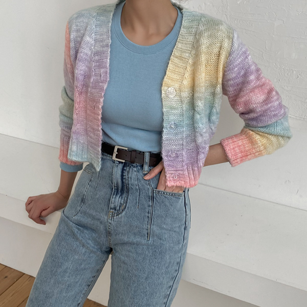 (CD-1689)Rainbow Blending Crop Knit Cardigan