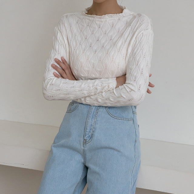 (T-5901) Wave Embo Half Neck Knit