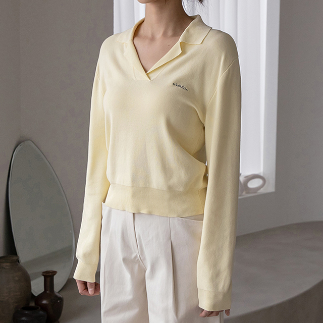 (T-5606) Open collar embroidery point knit