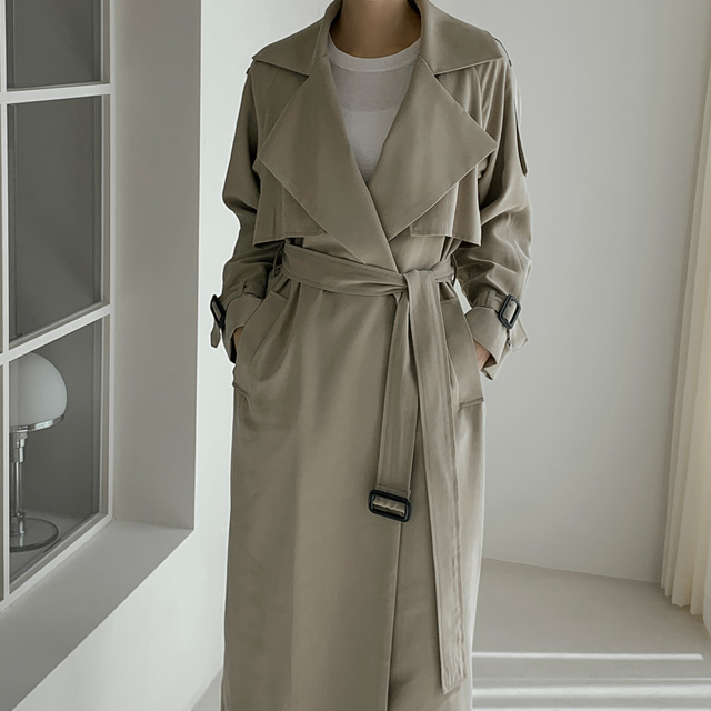 (CT-1362)Classic Belted Maxi Trench Coat S