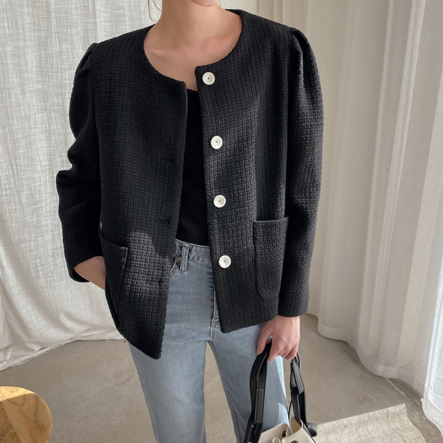 (JK-2486) Puff Sleeve Tweed Jacket