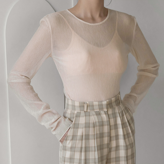 (T-5599) Shirring Sleeve See-through Tee