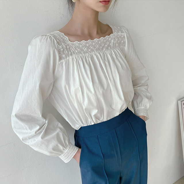 (BL-3787) Lace Square Neck Volume Blouse