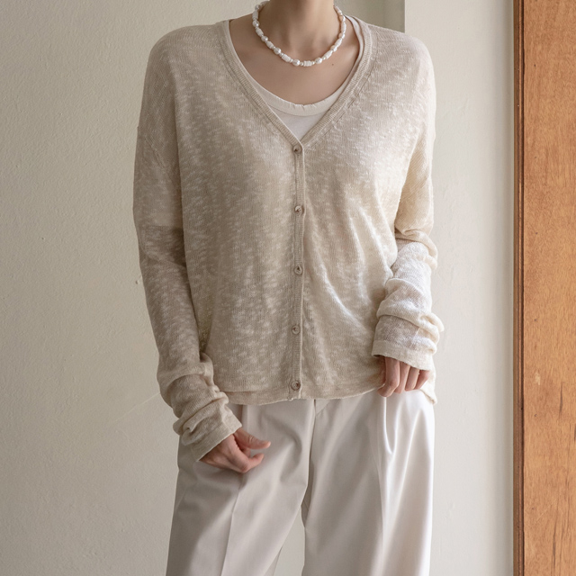 (CD-1681)Linen V-neck Knit Cardigan