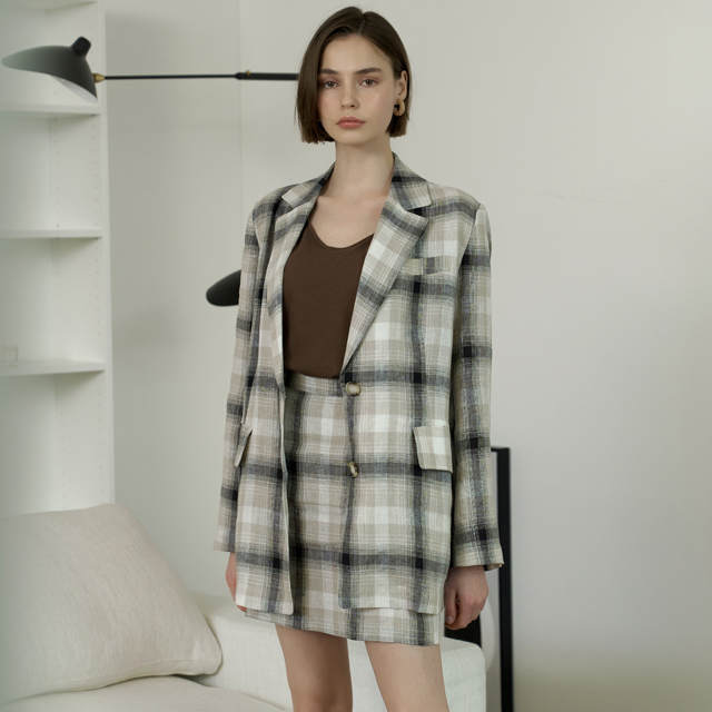 (JK-2393)Linen Modern Set-up Check Jacket