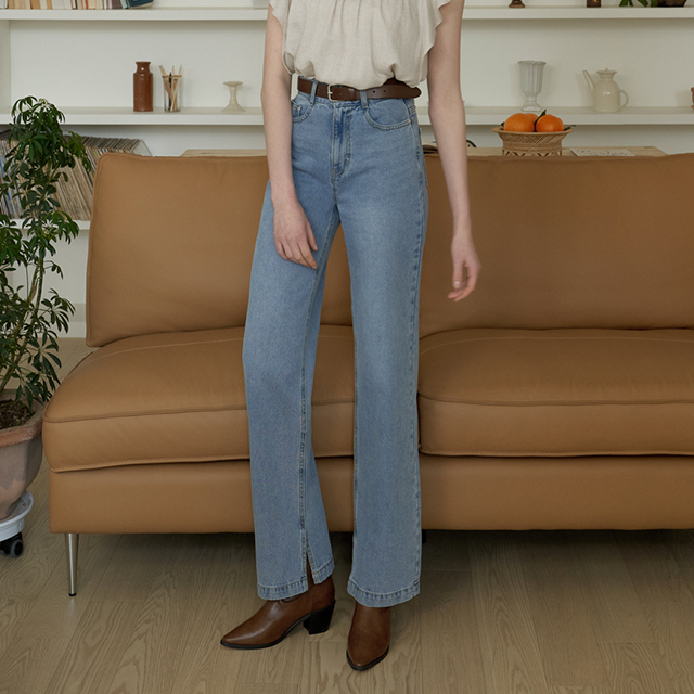 (PT-4600)Side slit wide denim pants