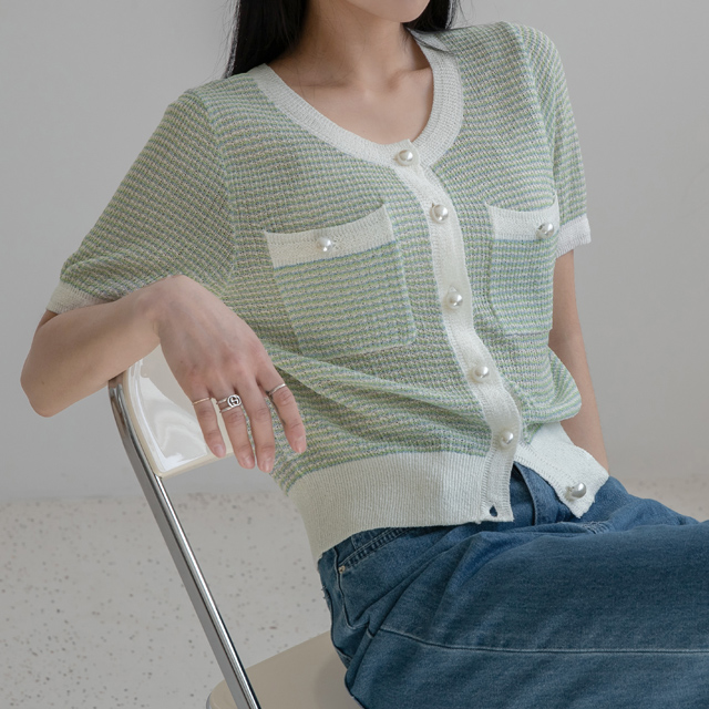 (CD-1686) Crop Tweed Pattern Knit Cardigan