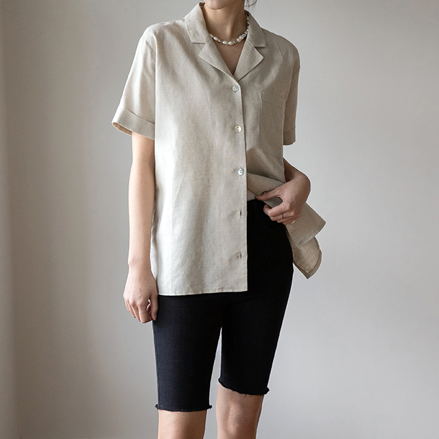 (BL-3731)Linen Roll-up Shirt Blouse