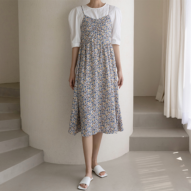 (OP-5678) Floral shirring sleeveless one-piece