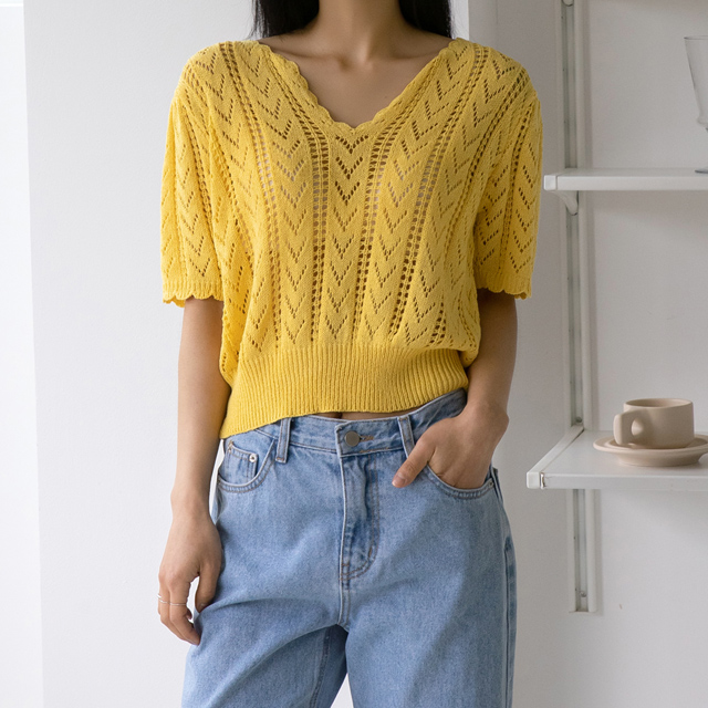 (T-6109) Pointel V-neck Half Knit
