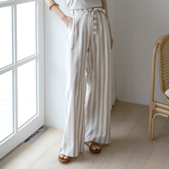 (PT-4893)Linen Stripe Belt Back Banding Pants S