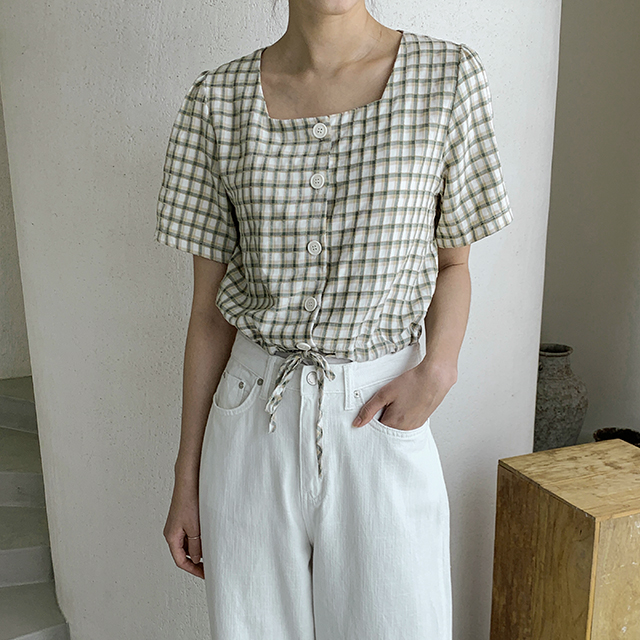 (BL-3860) Crop String Square Neck Blouse