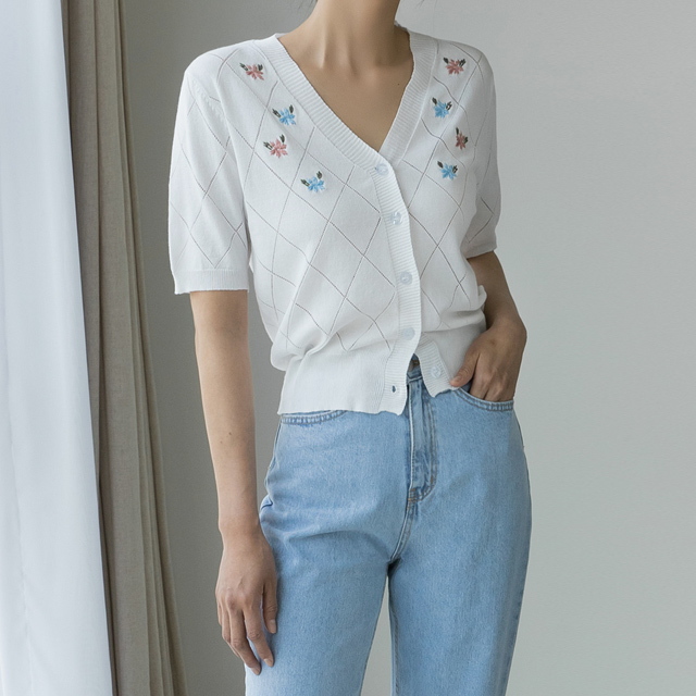 (CD-1810)Dia Flower Embroidery Knit Cardigan