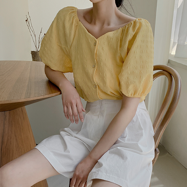 (BL-3870) Square Seersucker Blouse