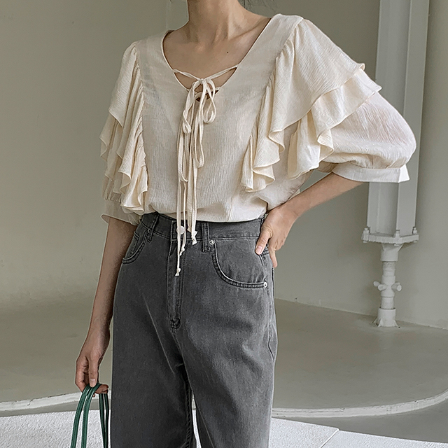 (BL-3885) Big Ruffle Ribbon Blouse
