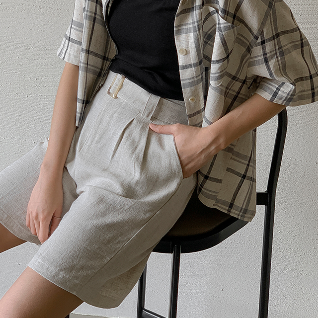 (PT-4889)Linen Belt Back Banding Pants S