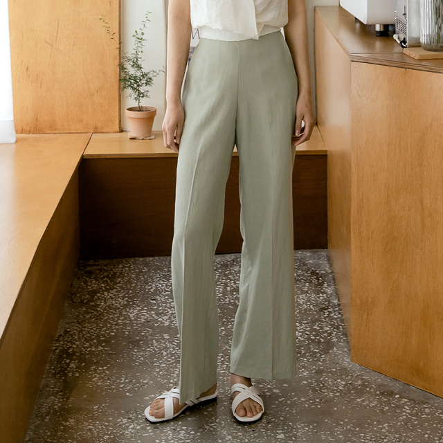 (PT-4962)Linen Straight Back Banding Pants