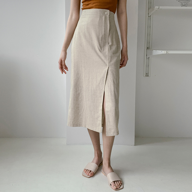 (SK-4442)Linen Wrap-Like Back Banding Skirt