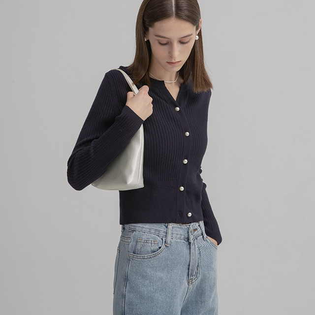 (CD-1770) Wine neck rib knit cardigan