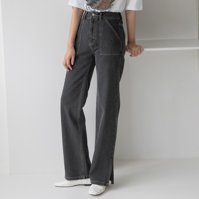 (PT-4815) Out Pocket Set-up Slit Denim Pants