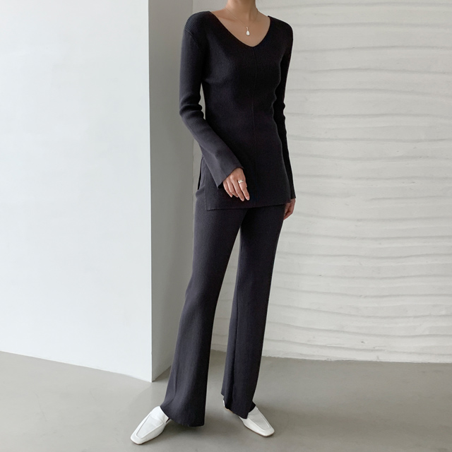 (OP-5672) V-neck rib knit top pants set