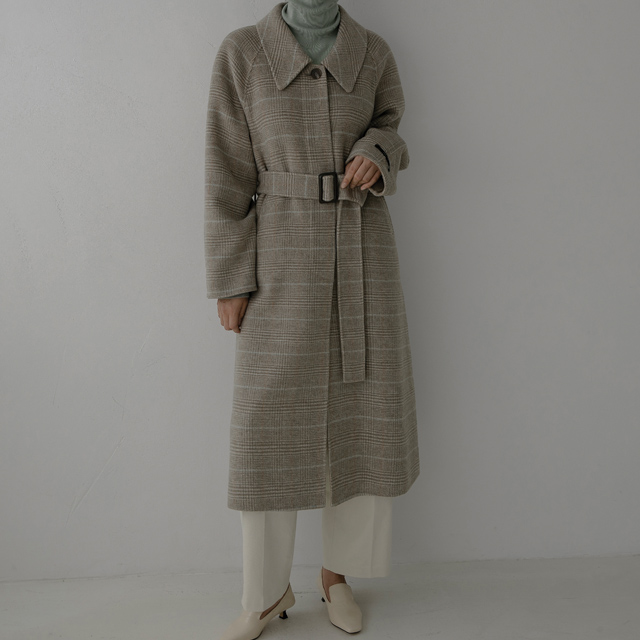 (CT-1367) Wool Check Single Raglan Handmade Coat S