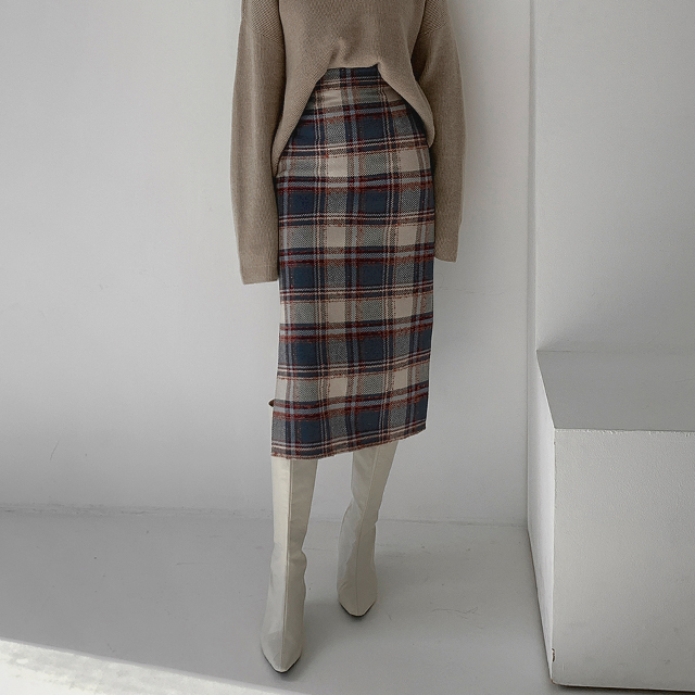 (SK-4465)Hairy Big Check Midi Skirt