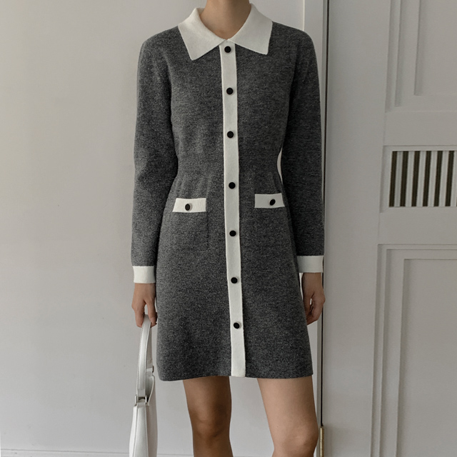 (OP-5792)Line color block collar knit one-piece