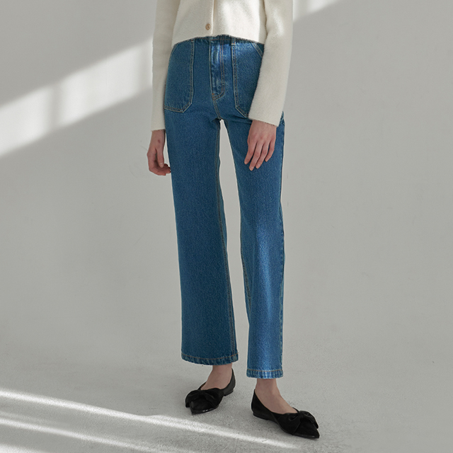 (PT-4988)Out pocket straight fleece denim pants