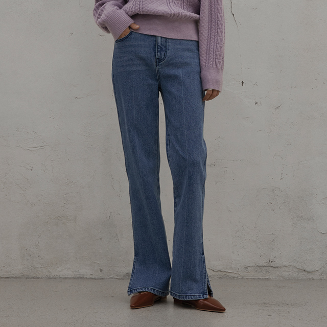 (PT-4991) Side slit straight fit fleece denim pants