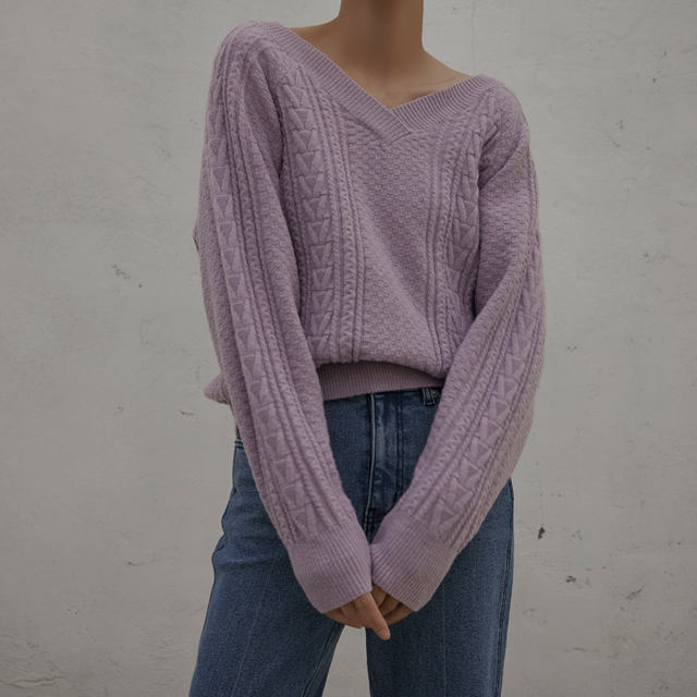 (T-6183) V-neck sleeve volume cable knit