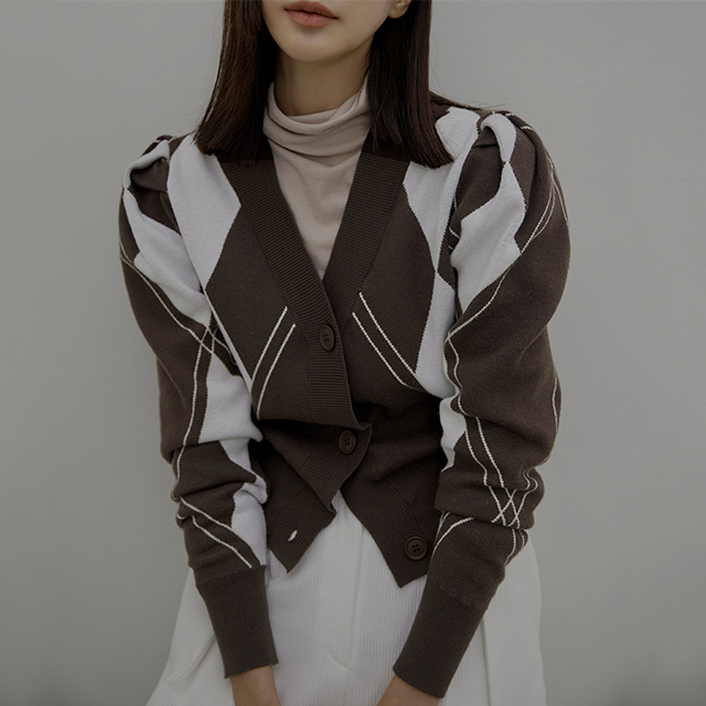 (CD-1877) Puff Slim Argyle Knit Cardigan