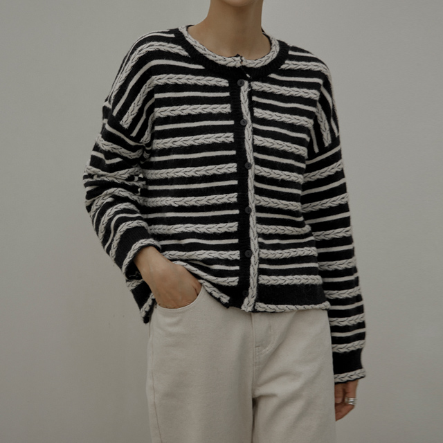 (CD-1886) Cable Stripe Knit Cardigan