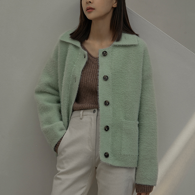 (JK-2584) Overfit Fake Angora Collar Knit Jacket