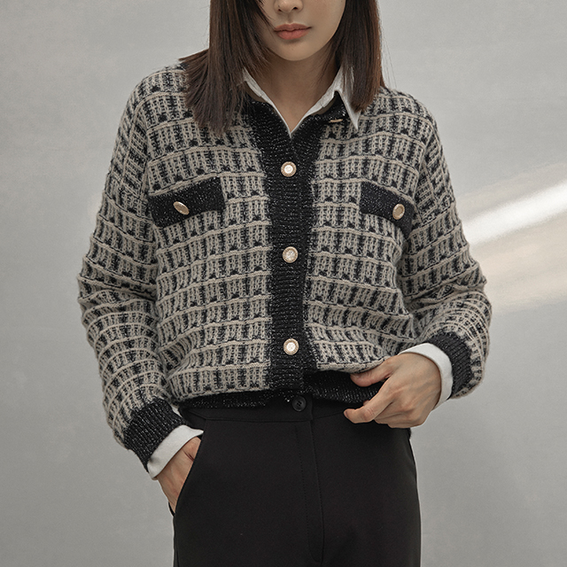(CD-1896) Metal Tweed Like Knit Cardigan