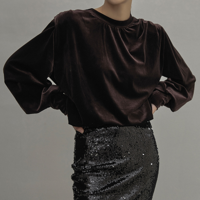 (BL-3995)Velvet Shoulder Padded Blouse