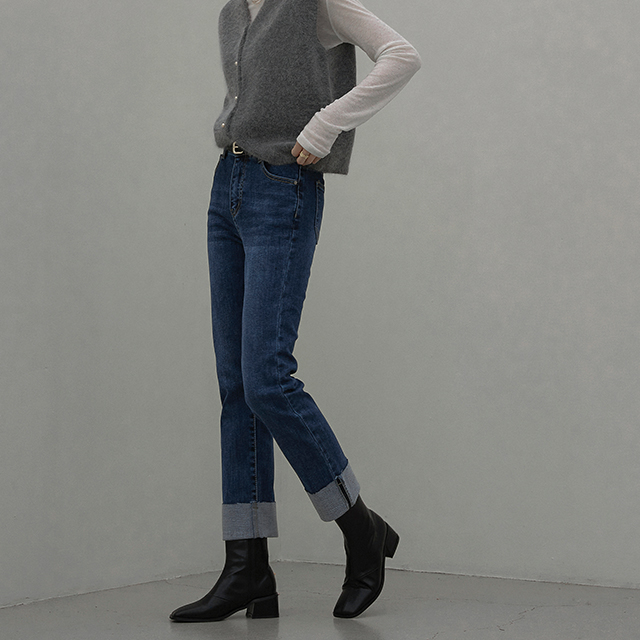 (PT-5189) Turn-up straight fleece denim pants