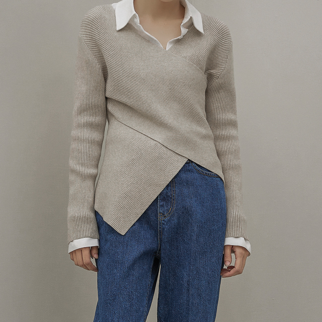 (T-6447)Uneven Wrap Slim Knit