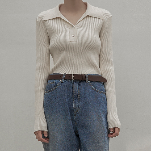 (T-6383) Button V-neck Collar Knit