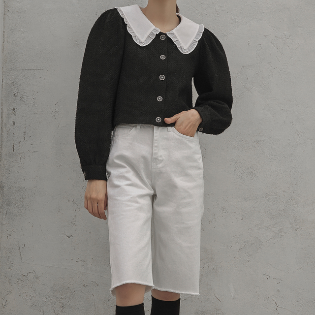 (BL-3974) Frill Collar Crop Tweed Blouse