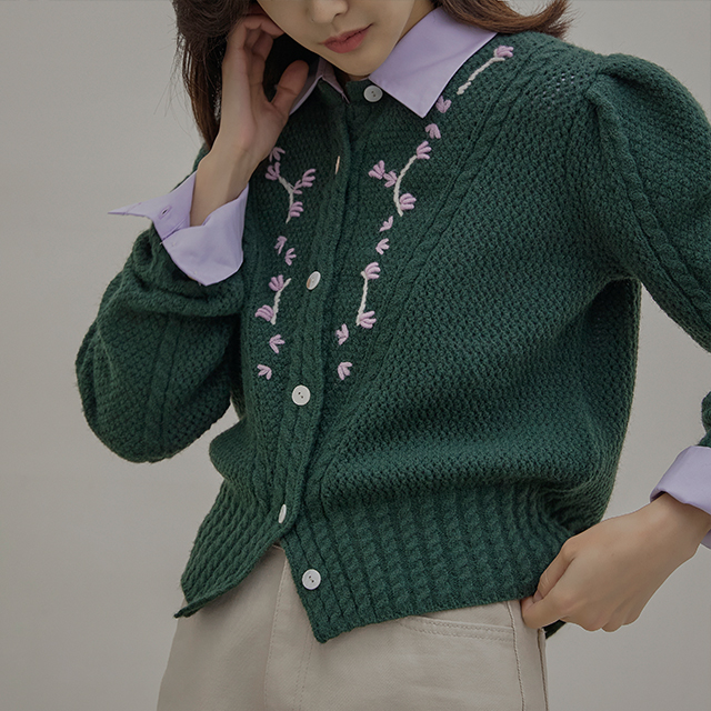 (CD-1925) Flower embroidery shirring knit cardigan