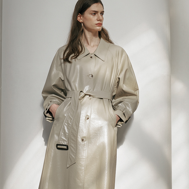 (CT-1382) Big Collar Trench Leather Long Coat S