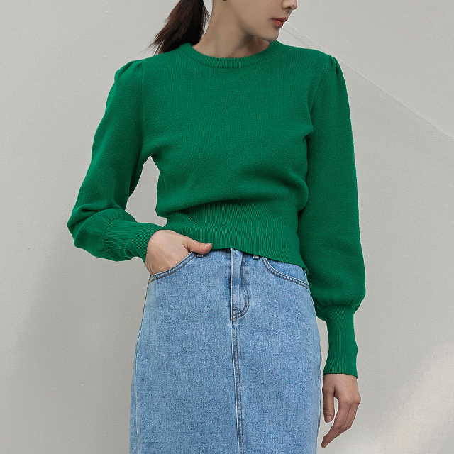 (T-6448) Solid Bishop Sleeve Knit