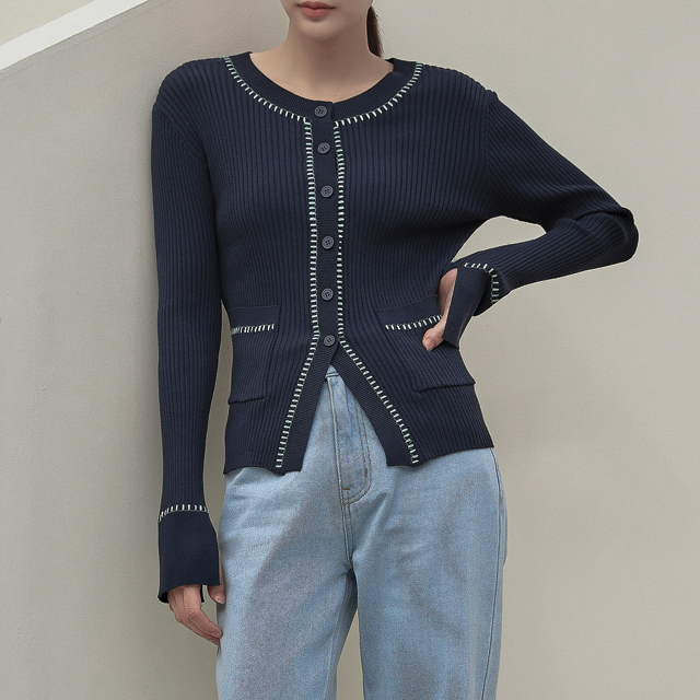 (CD-1873)Embroidered Stitched Golji Knit Cardigan