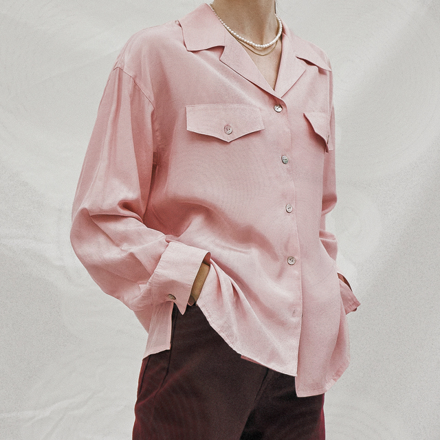 (BL-3971) Glossy Retro Open Collar Blouse