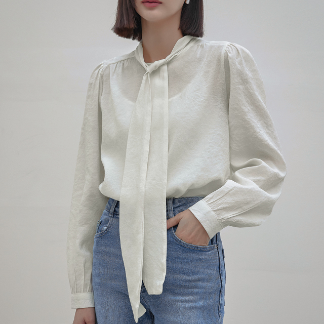 (BL-4038) Shirring Strap Tie Blouse