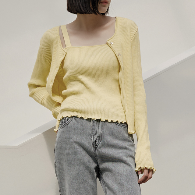 (CD-1864) U-neck ribbed knit top cardigan set S